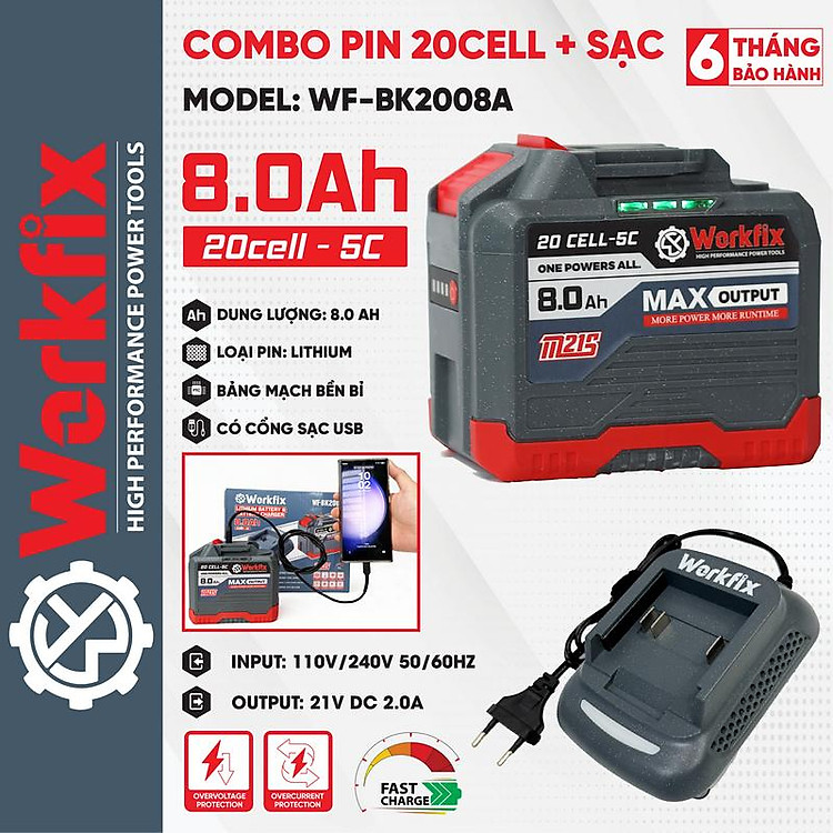 Combo Workfix Pin 20 Cell 8Ah + Sạc - WF-BK2008A - Mạch 4 Mosfet - Chân Pin Phổ Thông - Vỏ Abs Chống Va Đập - Chuyên Dùng Cho Khoan Bê Tông, Mài, bulong, Cưa...