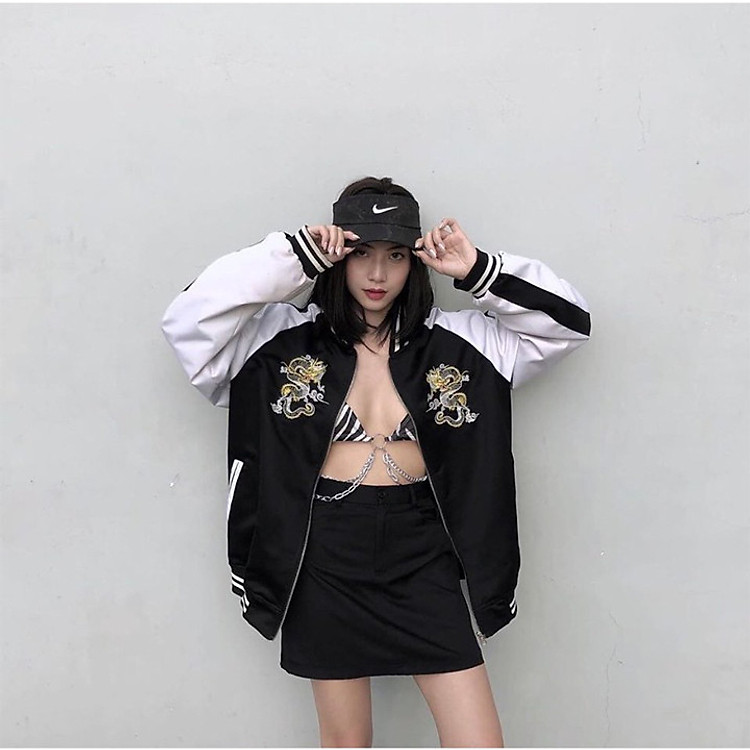 Áo Khoác Gió BOMBER thêu hình rồng DRAGON Unisex nam nữ form thụng trẻ trung và năng động