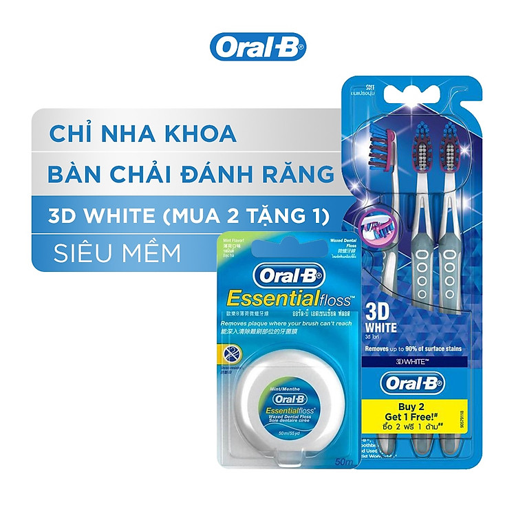 Combo Chăm Sóc Răng Miệng Toàn Diện (Vỉ 3 Bàn Chải Đánh Răng Oral-B 3D White Trắng Sáng (Mua 2 Tặng 1) + Chỉ Nha Khoa Oral-B Essential Mint (Hộp 50m)