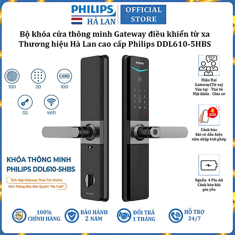 Bộ khóa cửa thông minh Gateway điều khiển từ xa, vân tay, thẻ từ, mật khẩu và chìa cơ Philips DDL610-5HBS - Hàng chính hãng