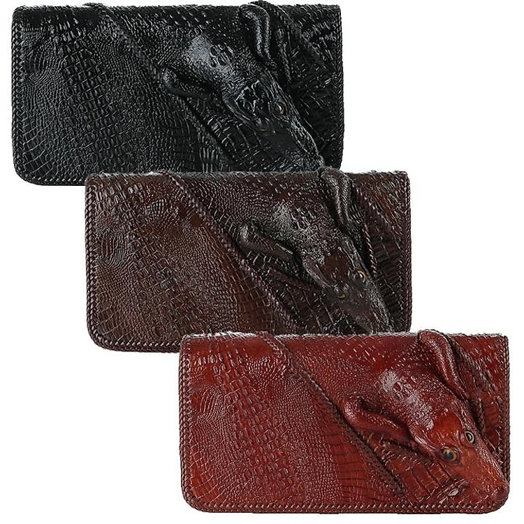 HT3730-31-32-33 - Bóp nữ da cá sấu Huy Hoàng nhiều ngăn đầu cá sấu đan viền màu đen, nâu đất, vàng bò, nâu đỏ