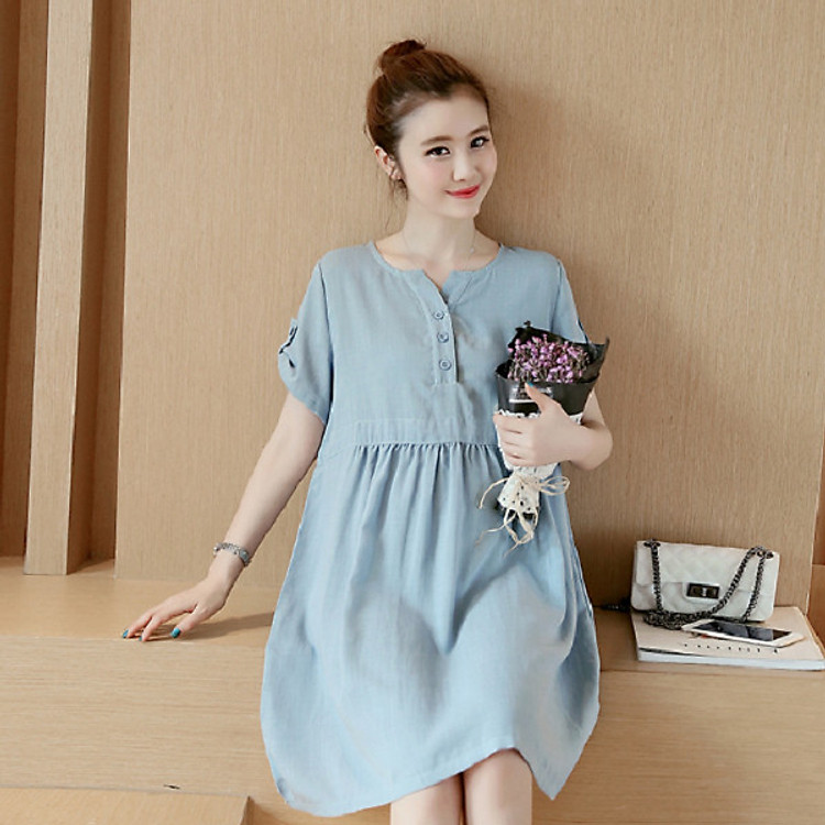 Đầm bầu thêu nơ tay xinh xắn