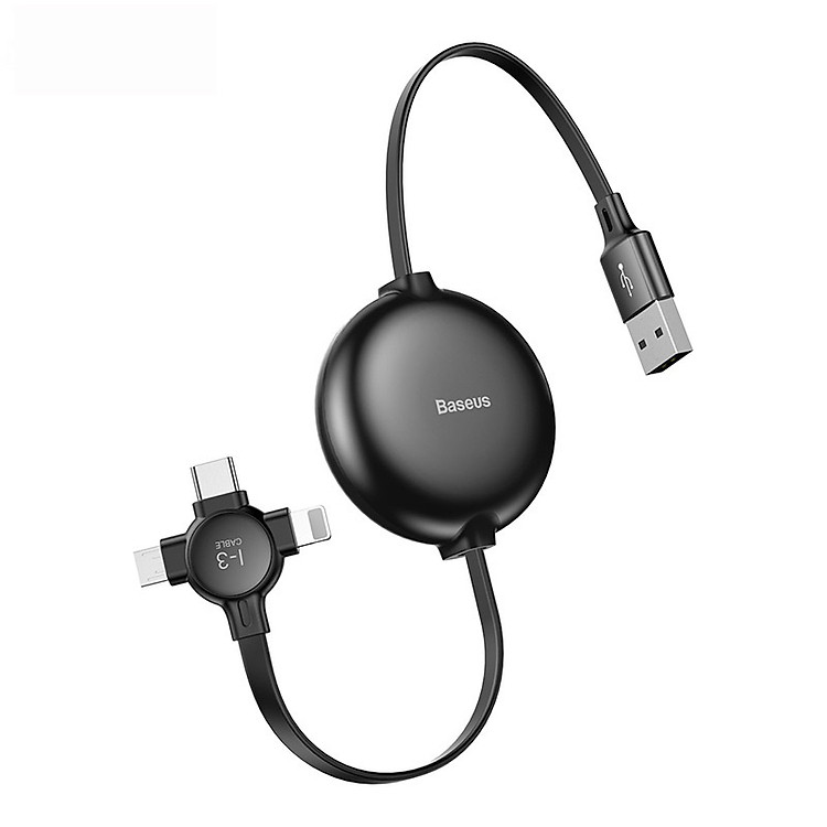 Cáp sạc dây rút Baseus Little Octopus tích hợp 1 đầu chia 3 Type C / Micro USB/ Lightning (3A , 1M) -Hàng chính hãng