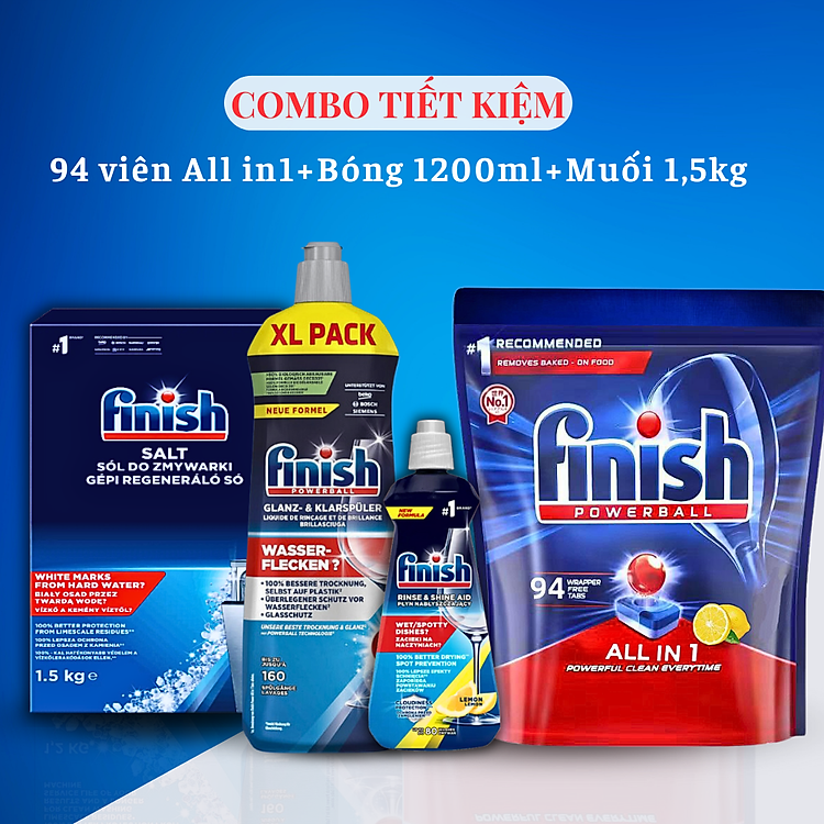 Combo rửa chén Finish: Hộp All in one 90 Viên, bóng chai 1150ml, Muối Hộp 1,5kg - Chính Hãng.