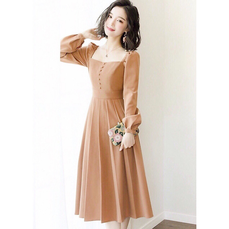 Đầm cổ vuông nút bọc 2 màu