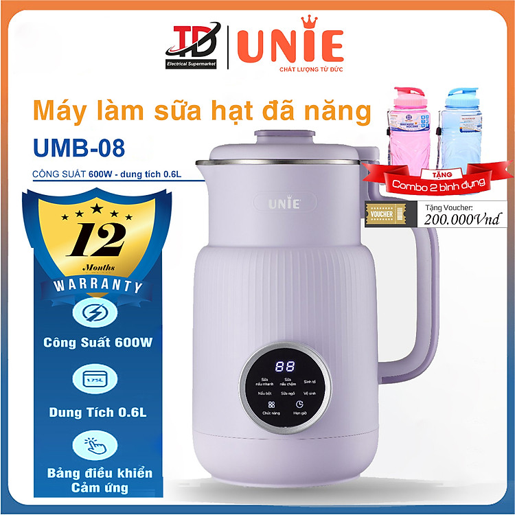 Máy Làm Sữa Hạt Unie UMB08 PRO, Công Suất 600W - Xay Nấu 5 Chức Năng, Hàng Chính Hãng