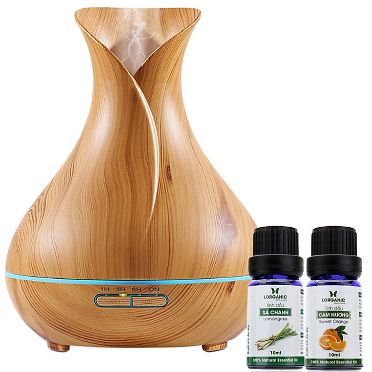Combo máy khuếch tán/ máy xông tinh dầu bình hoa màu vàng FX2021 + tinh dầu sả chanh + tinh dầu cam Lorganic (10ml x2) LGN0190