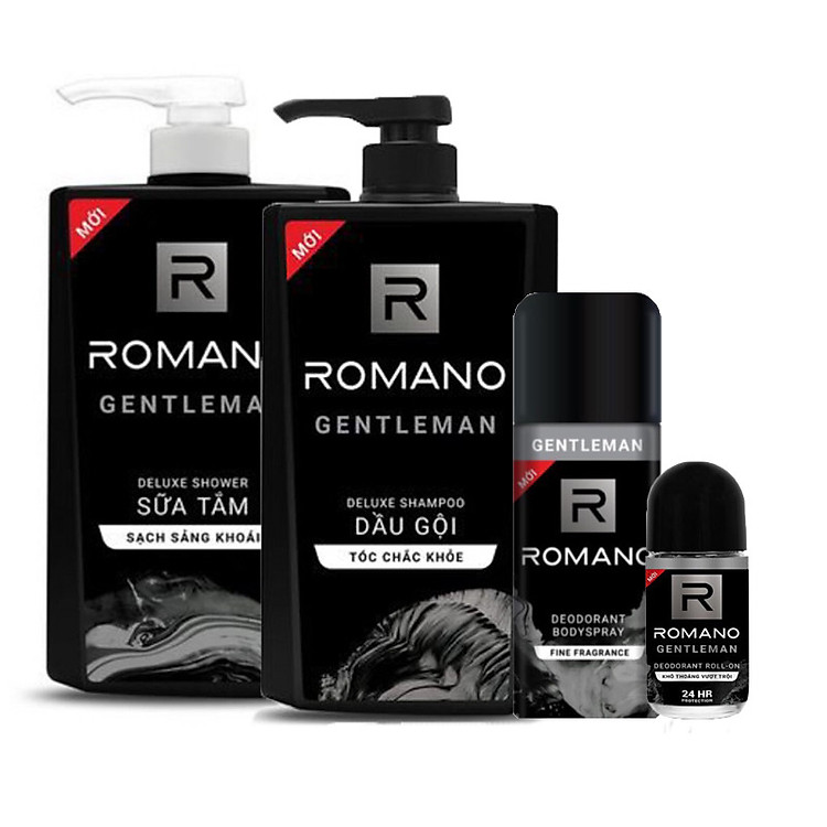 Combo Romano Gentleman : Dầu gội 650g, sữa tắm 650g, xịt khử mùi 150ml+ Tặng kèm lăn khử mùi 40ml