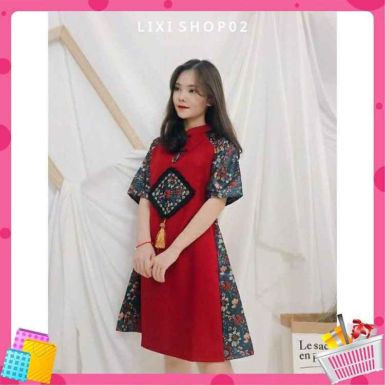 Áo dài cách tân phong cách, đầm đỏ sườn xám phối gấm hoa cao cấp