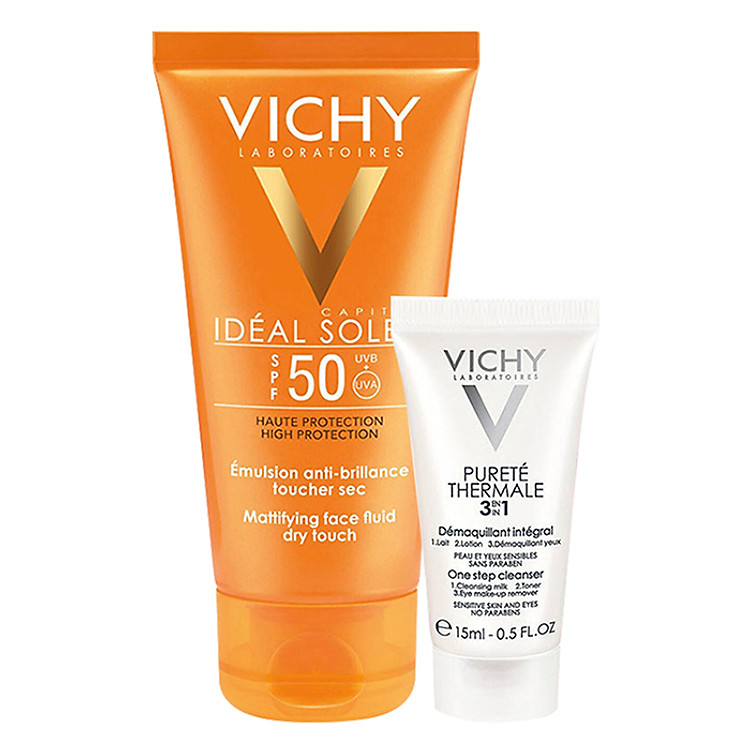Kem Chống Nắng Không Gây Nhờn Rít Không Màu SPF50 Vichy Capital Soleil SPF50 Face Dry Touch (50ml) + Tặng Sữa Rửa Purette Thermal 3in1 (15ml)