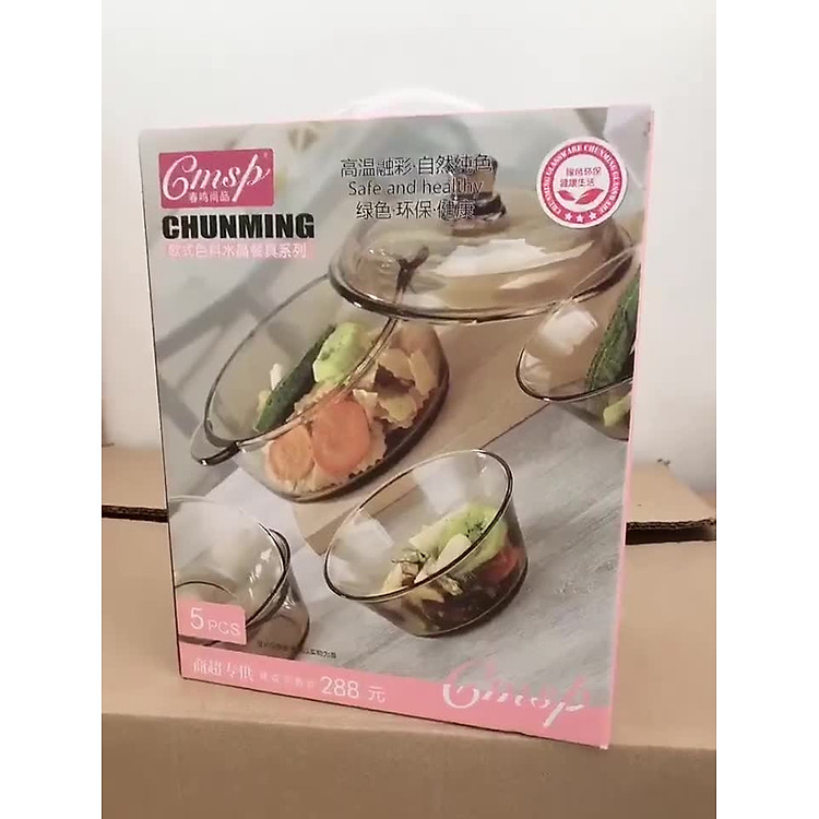 Bộ Bát Thủy Tinh Kèm Nồi 5 Chi Tiết,Bộ Chén Thủy Tinh Kèm Thố Có Nắp Cao Cấp CHUNMING