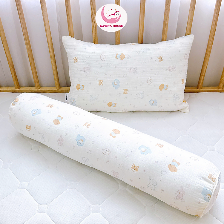 Bộ gối nằm gối ôm trẻ em Katina House, vải muslin mềm nhẹ, thoáng khí, thấm hút tốt, an toàn