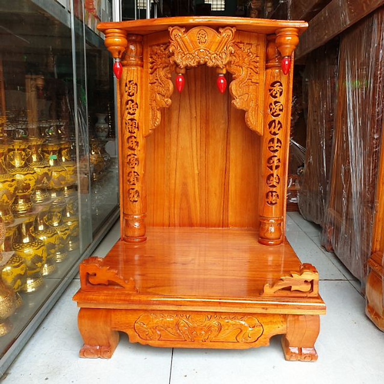 Bàn thờ thần tài ông địa gỗ xoan ngang 48 cm quỳ họp màu đỏ