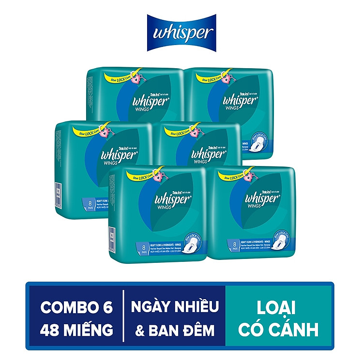 Combo 6 Băng Vệ Sinh Whisper Wings Có Cánh Ngày Nhiều Và Ban Đêm (Gói 8 Miếng)