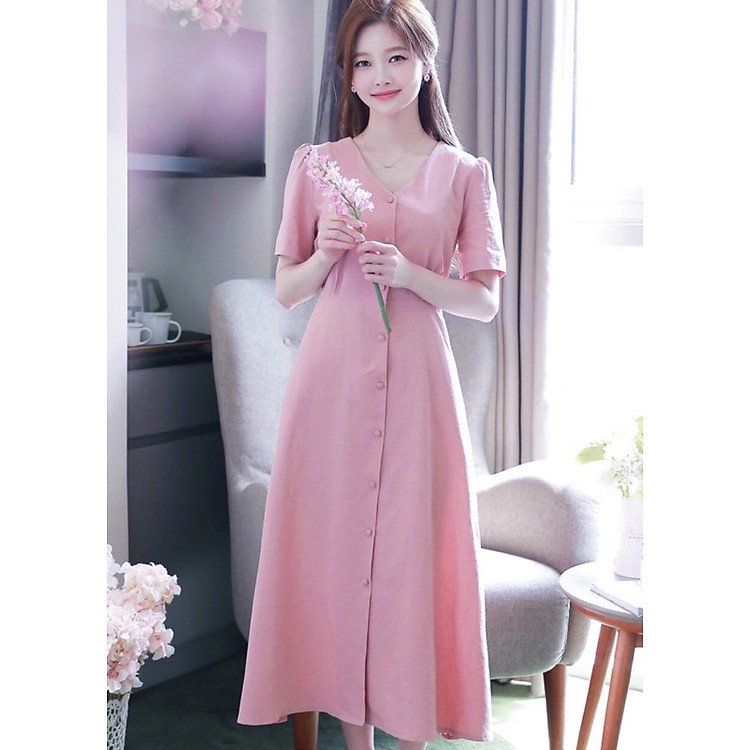 Đầm hồng nút trước form dài v2