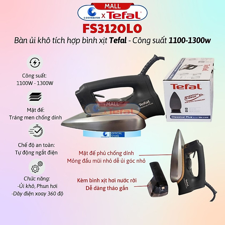 Bàn Ủi Khô Tích Hợp Bình Xịt Nước Tefal FS3120L0 - Công Suất 1300W - Hàng Chính Hãng