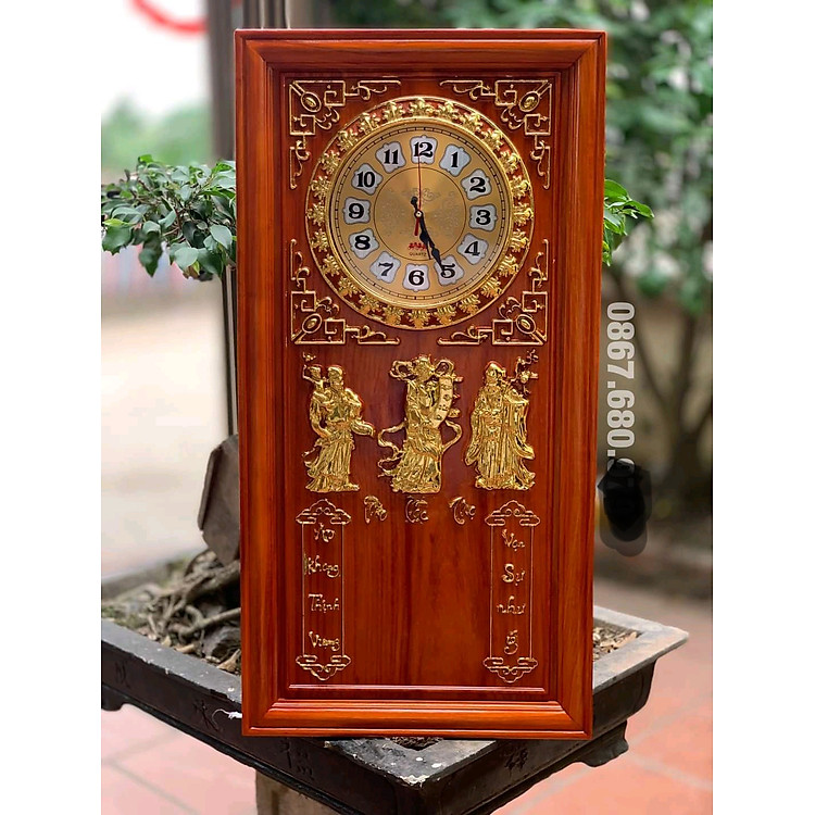 Đốc lịch treo tường trạm khắc phúc lộc thọ bằng gỗ hương đỏ liền khối kt 41×81×3cmă
