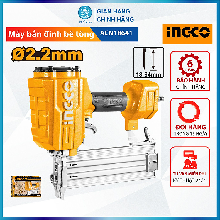 Máy bắn đinh bê tông dùng khí nén INGCO ACN18641 khả năng tải 70 pcs, kích thước đinh 18-64mm