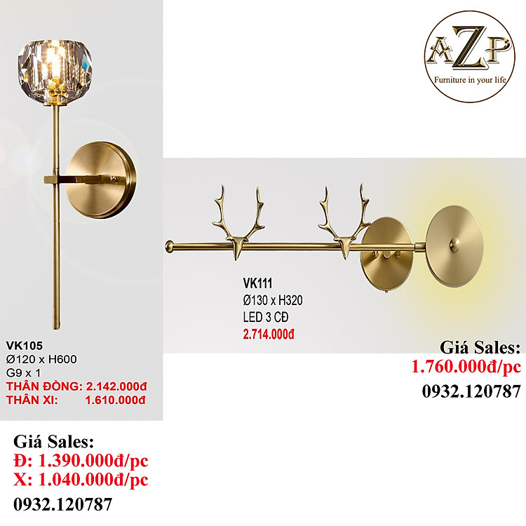 AZP - ĐÈN ỐP VÁCH / ĐÈN TRANG TRÍ / ĐÈN TREO TƯỜNG PHÒNG KHÁCH, PHÒNG NGỦ, NHÀ HÀNG, KHÁCH SẠN AZP-VK105 / VK111 phong cách đương đại, hàng nhập khẩu AZP