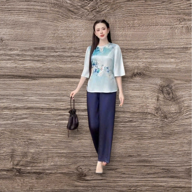 Bộ Áo Bà Ba Quần Đen Đi Lễ Chùa , Vải Lụa Gấm Cực Đẹp,Mềm Mịn, Set Đồ Lam Đi Chùa Mặc Cực Thoải Mái Duyên Dáng, Kín Đáo - 3 - S