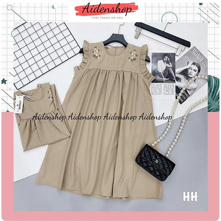 Váy bầu thời trang chất lụa mát thêu hoa sát nách,đầm bầu mùa hè