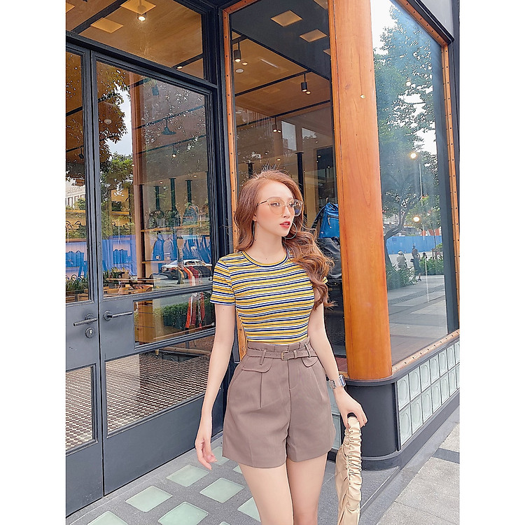 Áo croptop cổ tròn kẻ sọc - THỎ TÂY