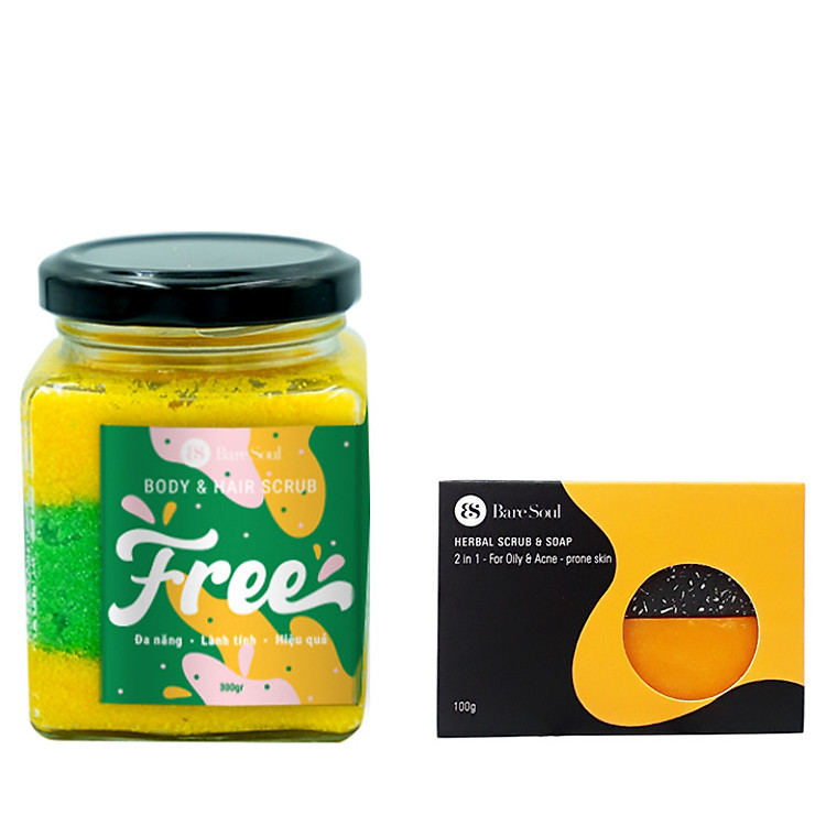 Combo Muối tắm gội BareSoul Free Body & Hair Scrub 300g + Bánh xà phòng BareSoul Herbal Scrub & Soap 100g