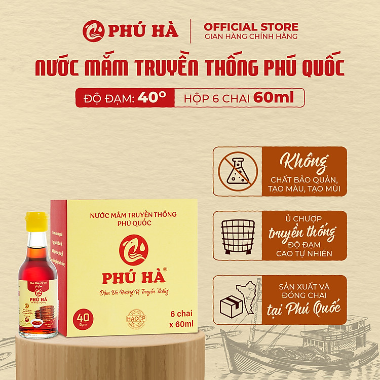 Nước mắm truyền thống Phú Quốc Phú Hà 40 độ đạm - Hộp 6 chai 60ml