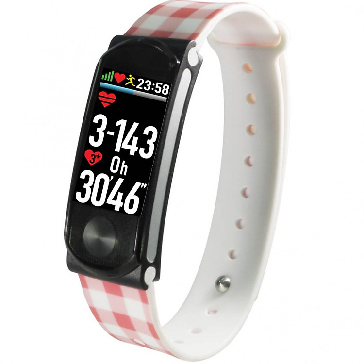 Vòng tay theo dõi sức khỏe, đo nhịp tim cao cấp Q-Band Q69HR New - Dây kẻ ô màu hồng trắng - Hàng chính hãng