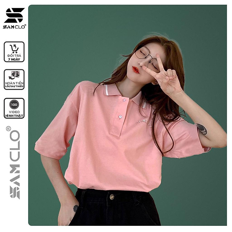 Áo thun Polo nữ tay lỡ form rộng SAM CLO phông freesize unisex mặc đi học, nhóm, lớp in hình thỏ trắng chữ STRAWBERRY - MÀU HỒNG