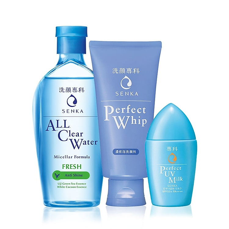 Combo bảo vệ, làm sạch thoáng da từ tơ tằm trắng Senka (All Clear Water 230ml + Whip 120g + UV Milk 40ml)