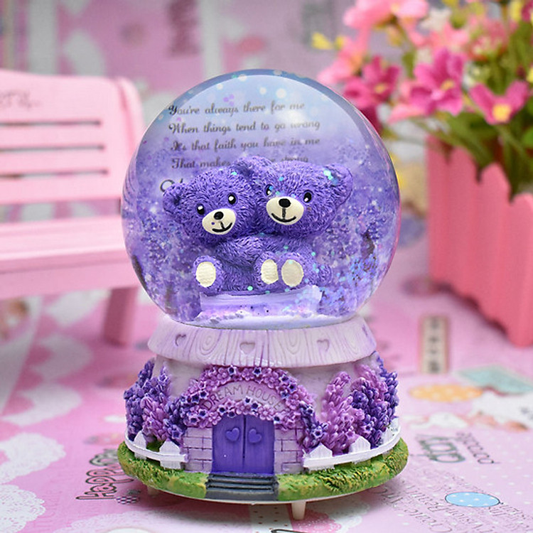 Quả cầu tuyết đôi gấu tím có nhạc có đèn thổi tuyết - Mẫu 1 (Ôm nhau)