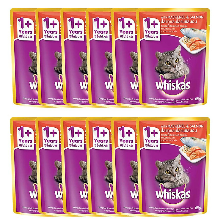 Combo 12 Gói Thức Ăn Cho Mèo Lớn Whiskas Vị Cá Thu & Cá Hồi (85g)