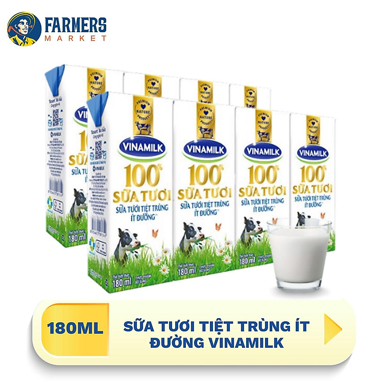 Sữa tươi tiệt trùng ít đường Vinamilk 4 hộp x 180 ml