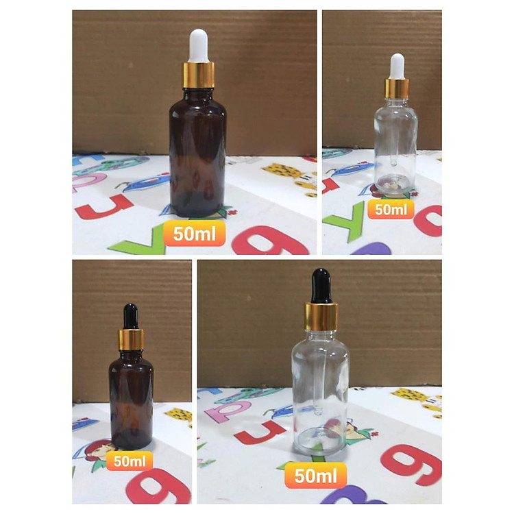 Lọ 50ml nâu và trong Combo 10 lọ thủy tinh chiết tinh dầu nắp bằng