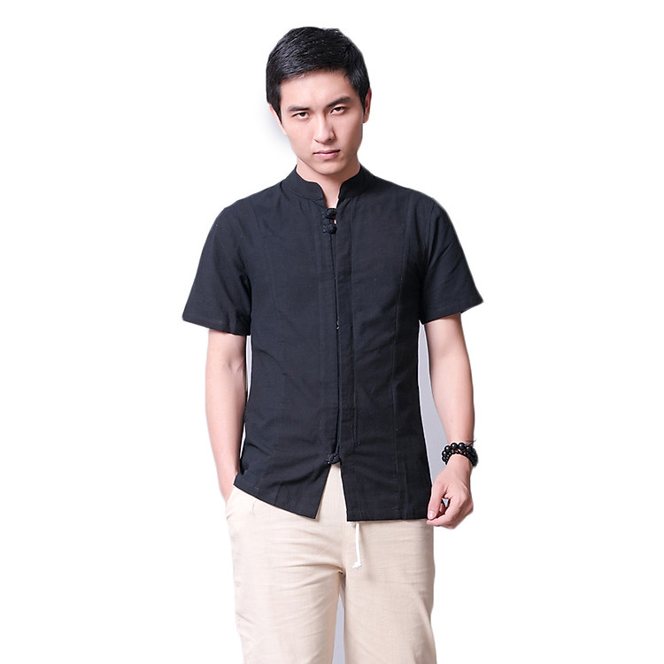 Áo sơ mi nam vải đũi cộc tay cổ trụ 2 cúc tết đen Rough