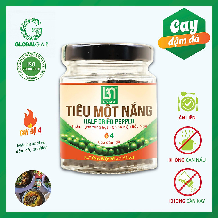 Tiêu Một Nắng Bầu Mây - Tiêu Ăn Liền - Cấp Độ Cay 4/6 - Hũ 35g - Hồ Tiêu Vùng Trồng Đạt chuẩn quốc tế GLOBALG.A.P.