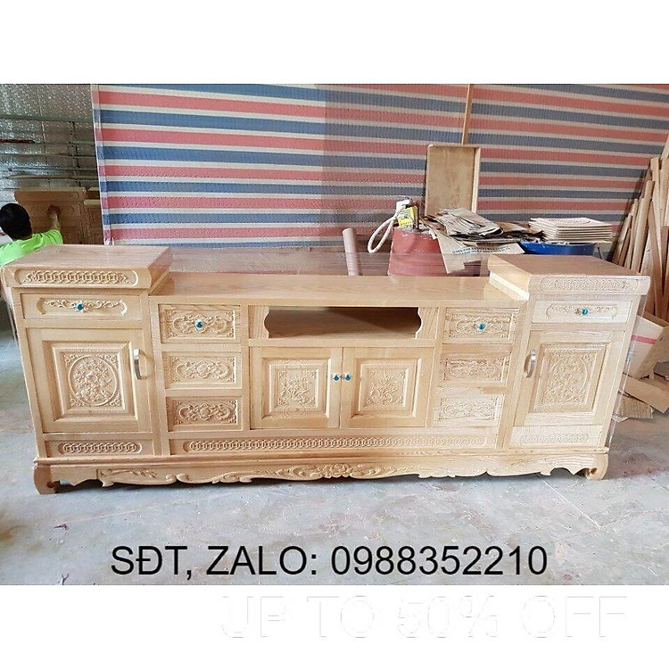 Kệ tivi gỗ sồi 2m2 2m4 trắng phòng khách phòng ngủ