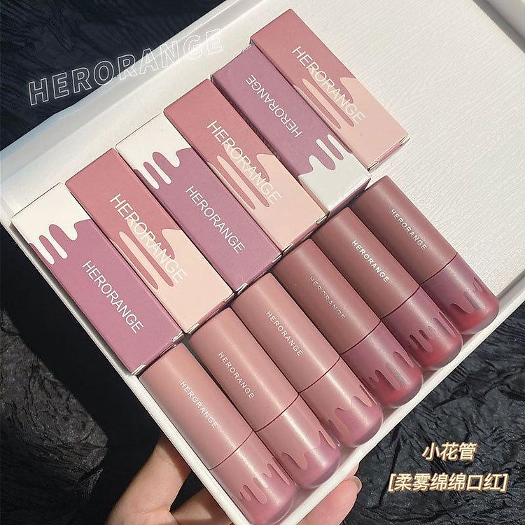 HERORANGE Powder Mist Lipstick Soft Mist Trang điểm lâu trôi không phai màu Bean Paste Son môi dạng ống hoa nhỏ