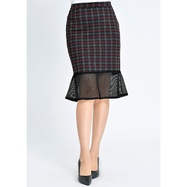 Chân Váy công sở Ôm Phối Lưới Lamer L62F17T044-C1424 (Đen Kẻ)