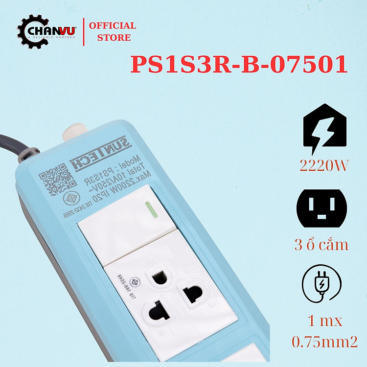 Ổ cắm điện Suntech 3 cổng, 1 công tắc, công suất lớn, chịu tải cao theo tiêu chuẩn TIS đến từ Thái Lan