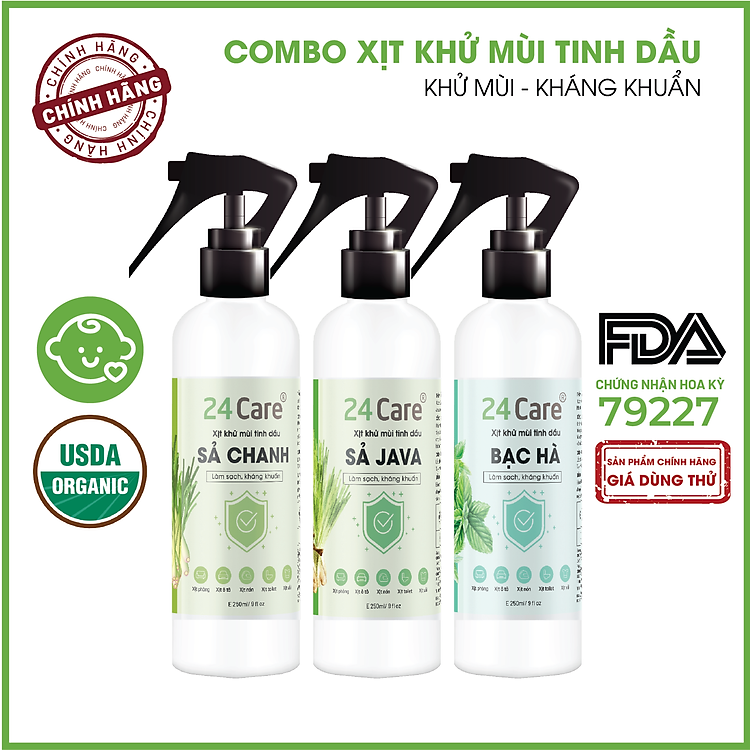 COMBO 3 chai Xịt Phòng Tinh Dầu Sả Chanh + Sả Java + Bạc Hà Hữu Cơ Organic 24Care 250ML/Chai - Kháng khuẩn - Khử mùi hôi - Đuổi muỗi, côn trùng - Tập trung tinh thần làm việc, lái xe, học hành - Hương thơm thư giãn.