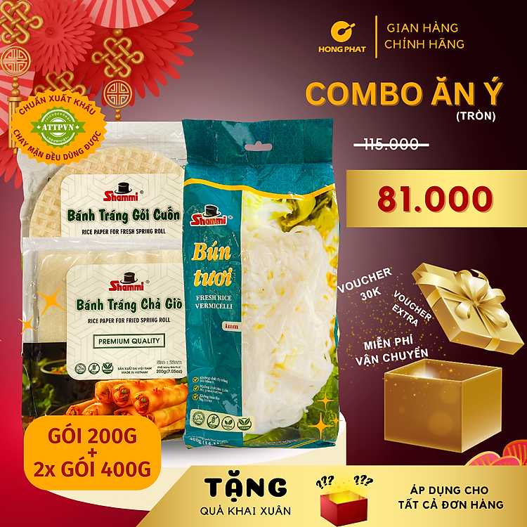 Combo Bánh tráng gỏi cuốn Shammi tròn túi 400g + Bánh tráng chả giò Shammi vuông túi 200g + Bún tươi Shammi túi 400g