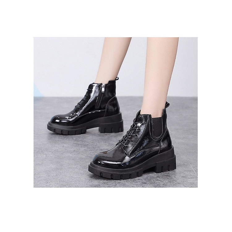 Giày boot nữ da bóng đế vuông 3cm dây buộc kèm khóa kéo B138