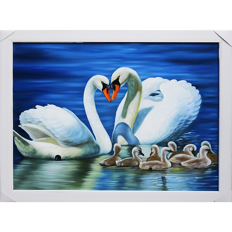Tranh Vẽ Đôi Thiên Nga và Đàn Con