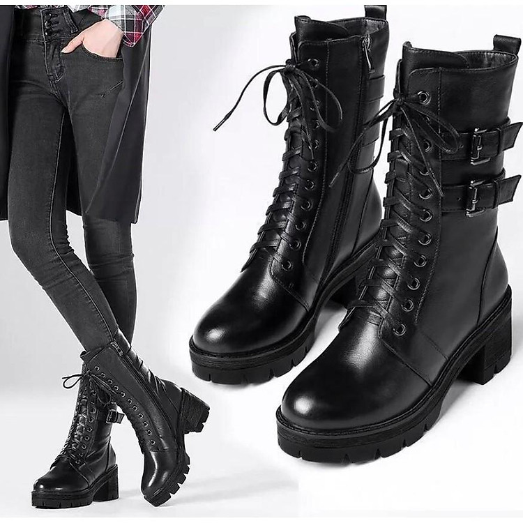 Giày bốt Martin đi tuyết đế thô kiểu Anh thời trang mùa đông cho nữ