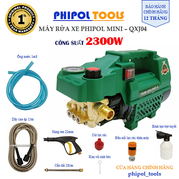 Máy rửa xe và xịt rửa đa năng PHIPOL TOOLS QXJ04-2 có chỉnh áp tặng kèm đầy đủ phụ kiện - Màu Ngẫu Nhiên - Hàng Chính Hãng