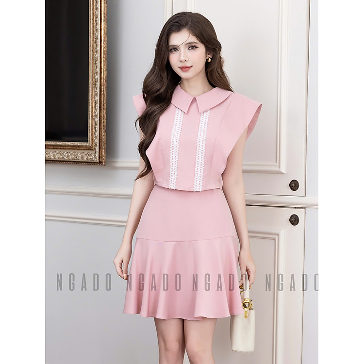 Set áo váy hồng phối ren trắng NGADO , set áo váy ngắn , set kiểu Nữ , set công sở, dự tiệc
