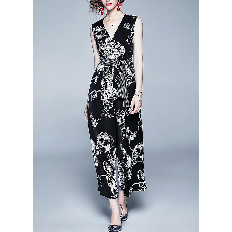 Jumpsuit Dạo Phố Kiểu JumpSuit Dài Họa Tiết Nét Hoa Hồng Đơn Sắc GOTI 3104