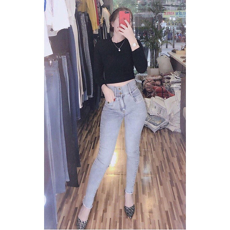 Quần jean nữ lưng cao ôm body 2 túi trước vải mềm co giãn hình thật